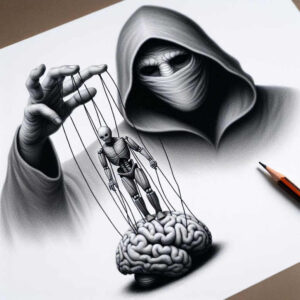Brain and hooded figure with strings, pencil on the side; black and grey; tattoo design idea; cover-up project.