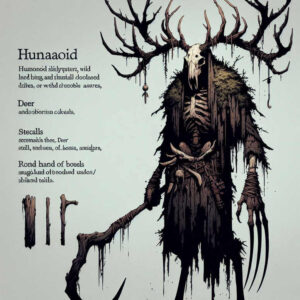 Leshy-inspired forest guardian tattoo concept in black and grey; a tall cloaked figure with deer antlers and a skull-like face stands with a curved scythe, an idea for a cover-up.