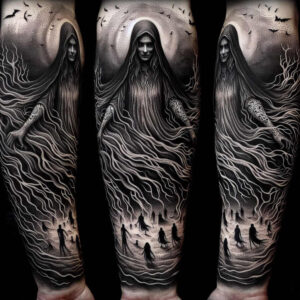 Three-panel black and grey tattoo design of a hooded Slavic night spirit towering over a forest, with distant silhouettes; AI-generated concept, cover-up-ready.