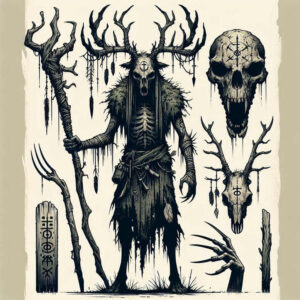 Black and grey tattoo design of a tall Leshy forest spirit with branching antler-like limbs, fur cloak, and staff, beside a skull and carved stone slab; cover-up ready.