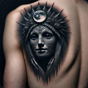 Back tattoo in black and grey depicts a solemn face within a radiating sunburst and a crescent moon above; AI-generated concept for cover-up suitability.