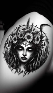 Black and grey tattoo showing a woman's face with a crown made of gears and sun rays, hair flowing; project concept; cover-up suitable.