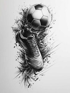 Black and grey tattoo design showing a soccer ball and boot; a cover-up-ready project.