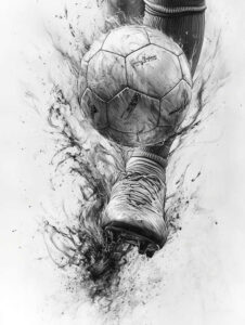 Soccer ball and boot in black and grey sketch style with geometric pattern; AI-generated tattoo project; suitable for a cover-up.