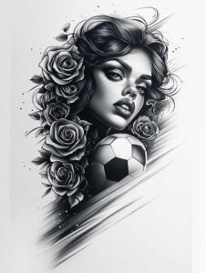 Black and grey portrait of a woman's face interwoven with roses and a soccer ball; AI-generated tattoo project; suitable for a cover-up.