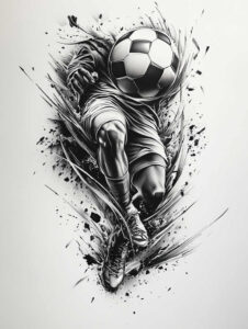 Ball, leg, shoe, jersey, and shorts in black and grey; a footballer kicks the ball; AI-generated tattoo project; cover-up ready.