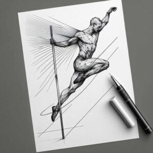 Figure of a pole vaulter rendered in black-and-grey geometric linework on white paper; marker beside; AI-generated tattoo project concept; not designed for cover-up.