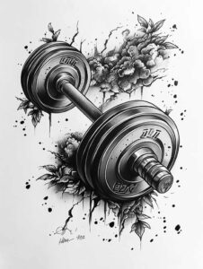 Black-and-grey dumbbell with weight plates, leaves, and ink splatter; tattoo design idea for a cover-up.