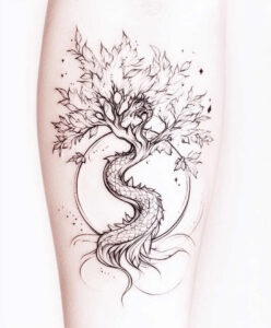 Tree with twisting trunk inside a circle, branches with leaves; black ink line work; tattoo design concept, project idea, not specifically for cover-up.