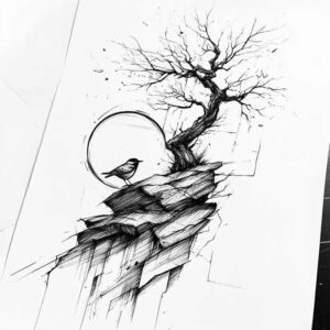 Black ink line drawing of a barren tree on rocks with a circular halo and a perched bird; black and grey, tattoo project, suitable for cover-up.