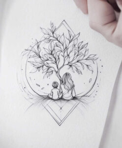 Tree with leaves and circle backdrop, adult and child seated at base, diamond frame below; black and grey fine-line tattoo design idea.