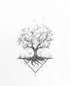 Tree with lush canopy and exposed roots forming a diamond-shaped frame beneath; black and grey line work; tattoo project idea.