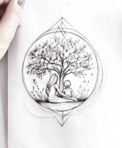 Circle, tree, woman, child, diamond, and grass appear in a circle-frame tattoo design; rendered in black and grey; AI-generated tattoo project; ideal for a cover-up.