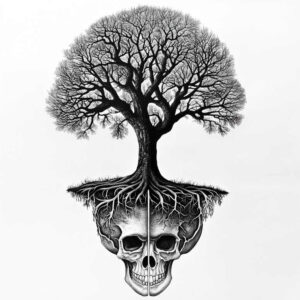 Tree, skull, and roots in black and grey; AI-generated tattoo project, suitable for cover-up.
