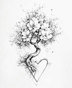 Tree, blossom, heart; black and grey; AI-generated tattoo project.
