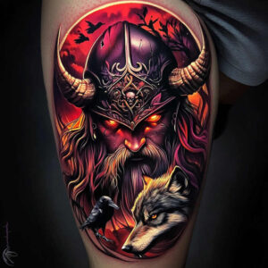 Demon head with horned helmet in full color, glowing orange eyes; foreground wolf and crow; crimson moon and dark trees in the background; tattoo project suitable for cover-up.