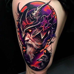 Bearded man, horned helmet and horns, and a wolf; purple-orange color palette; color tattoo project; suitable for cover-up.