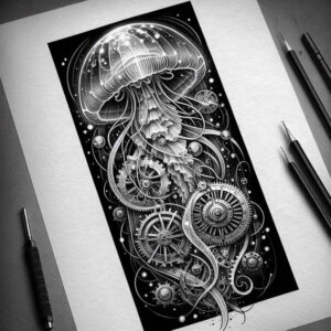 Jellyfish, gear, wheel, tentacle, coil, bubble in black and grey; AI-generated tattoo project; suitable for a cover-up; pattern.