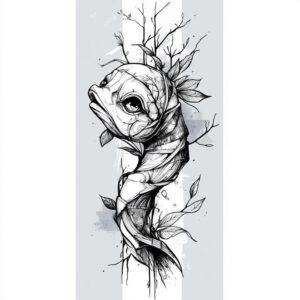 Line drawing of koi-inspired fish wrapped in vines with leaves, black and grey ink; tattoo design concept, project, not ideal for cover-up.