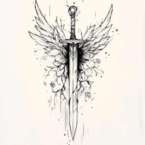 Sword with wings and flowers in black and grey ink; tattoo project idea, not specifically for cover-up.