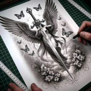 Black and grey winged angel holding a sword with butterflies, flowers, and vines; tattoo design concept for a cover-up.