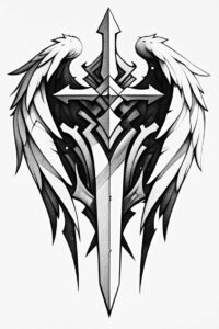 Sword with crossguard and mirrored wings in black and grey shading; bold linework tattoo design idea, suitable for a cover-up.