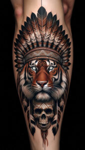 Color tattoo on leg: tiger head with orange and brown fur and black stripes, Native feather headdress with patterned band, skull beneath; AI-generated tattoo project; suitable for cover-up.