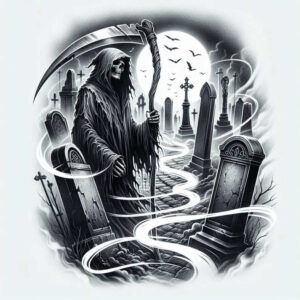 Dark grayscale grim reaper stands over tombstones in a cemetery beneath a full moon; black and grey, AI-generated tattoo project, cover-up suitable with graphic pattern elements.