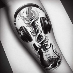 Black and grey electric guitar with over-ear headphones and flowing wisps; tattoo design idea, cover-up project.