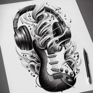 Guitar and headphones on a drawing sheet in black and grey; pencil nearby; AI-generated tattoo project idea; suitable for a cover-up.