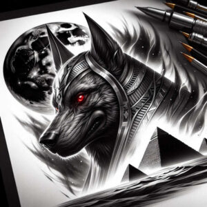 Black and grey tattoo design depicting an Anubis-inspired jackal head with ornate headdress and red eye, set against a dark background with geometric triangles; concept project, cover-up ready.