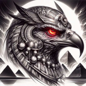 Black and grey Horus falcon tattoo concept featuring a jewel-adorned head with pyramids in the background; AI-generated project idea, suitable for cover-up.