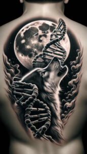 Wolf, DNA double helix, moon, and smoky background in black and grey; tattoo project; cover-up-ready.