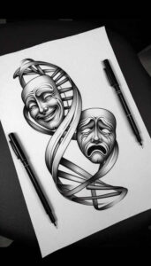 Two theatre masks in black-and-grey shading, entwined by ribbon bands on white paper; pens and a sheet visible; AI-generated tattoo project idea; suitable for cover-up.