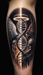 Celestial DNA double helix with white left wing, darker right wing, halo glow, and fiery base in black and grey; tattoo project, cover-up-ready.