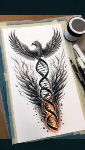 Phoenix with DNA helix motif, wings and flames in black and grey shading; tattoo design project, cover-up-ready.