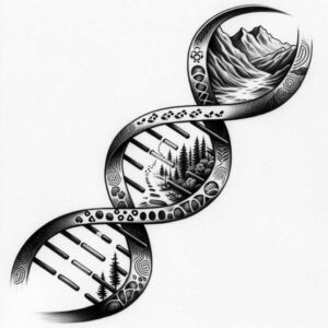 DNA, mountains, forest, lake in black and grey; tattoo project with pattern accents, suitable for cover-up.