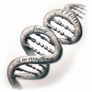 DNA helix tattoo with black and grey shading, beads, and script text 'family is everything'; tattoo project idea; suitable for cover-up.