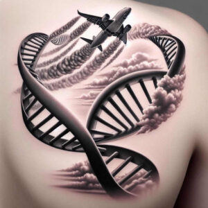 DNA double helix, airplane, and clouds in black and grey; pattern-filled cover-up tattoo design idea.