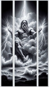 A black and grey four-panel tattoo design showing Poseidon, the sea god, with a trident amid stormy clouds and crashing waves; AI-generated concept, cover-up ready.