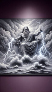 Black and grey tattoo concept of Poseidon, sea god on a throne amid waves and storm clouds; a cover-up-ready project.
