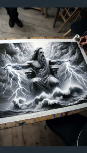 Poseidon rises from a stormy sea depicted in black and grey; lightning splits the sky as crashing waves surround a mythic god for a bold tattoo concept, suitable for cover-up.