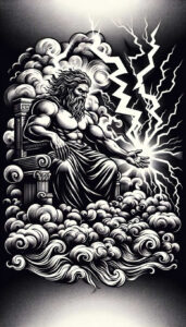 Black and grey Poseidon-inspired tattoo design concept featuring a muscular sea god with a trident amid stormy clouds and jagged lightning; AI-generated concept; cover-up suitable.