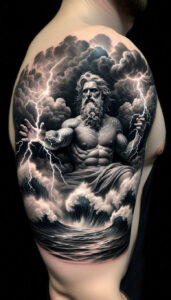 Poseidon-inspired black and grey upper-arm tattoo featuring a muscular god with a trident rising from storm clouds; project idea, perfect for a cover-up.