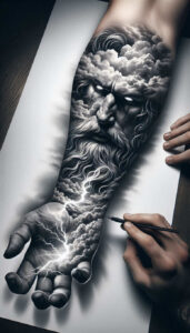 Black and grey forearm tattoo of Poseidon with waves and a trident; finished piece on forearm, not a concept, with strong shading.