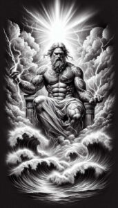 Black and grey tattoo design of Poseidon seated on clouds with a trident; AI-generated concept, ready for cover-up.