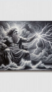 Black and grey tattoo design featuring Poseidon with a trident among crashing waves and storm clouds; grayscale shading, bold lines; AI-generated project concept; cover-up suitable.
