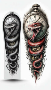 Two pocket watches with Roman numerals and cracked faces; left features a black and grey snake, right features a red snake; gears visible; AI-generated tattoo project; cover-up ready.