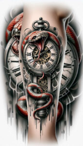 Snake, clock, gears, and glass in full color; tattoo project; cover-up-ready.