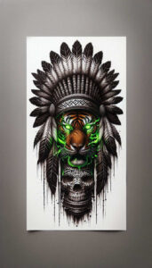 Tiger head with neon-green eyes wearing a feathered headdress and patterned headband above a skull; black and grey tattoo project idea; cover-up ready.